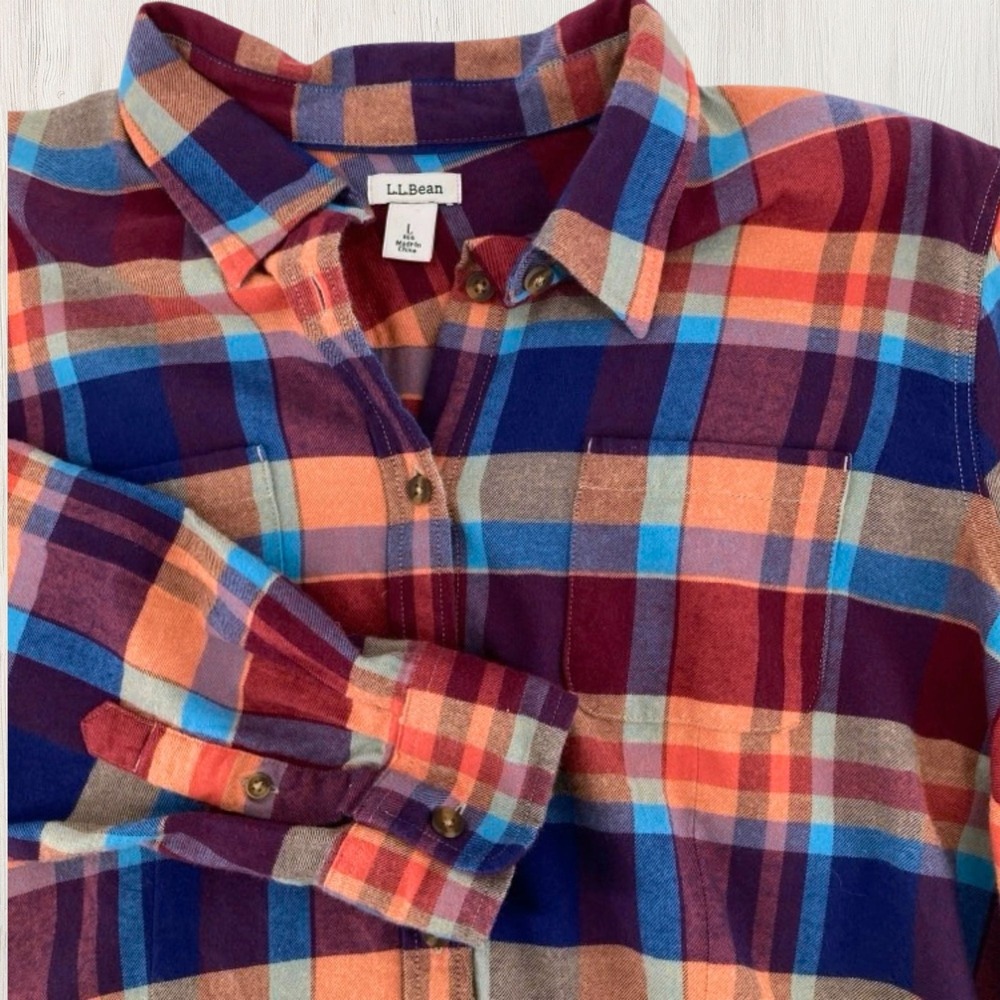 LL Bean Women L Flannel Shirt Multicolor Plaid Cotton Button Up Fall Outdoor
